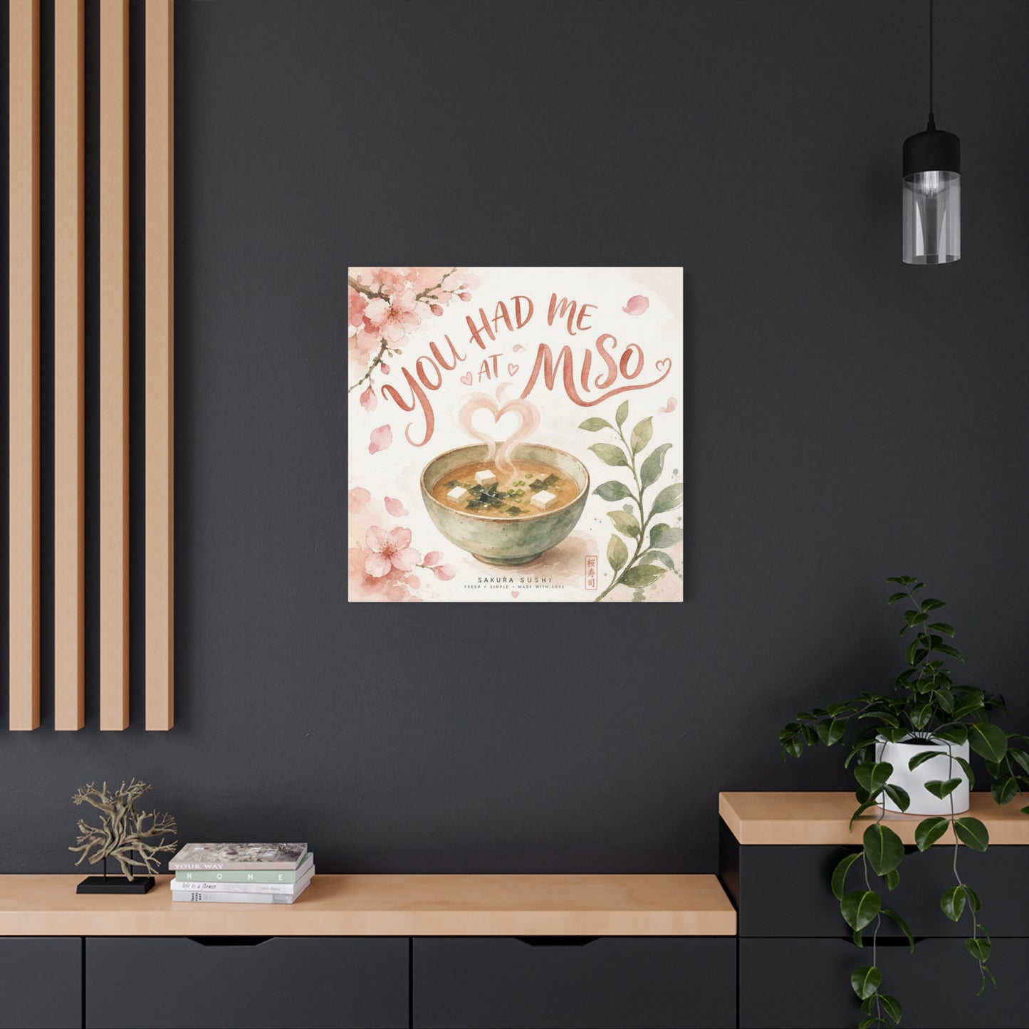 "You Had Me At Miso" Canvas Wall Art - Watercolor Soup Bowl, Cherry Blossom Typography - Japanese Food Illustration, Pink Botanical Style - Kitchen Wall Decor, Dining Room Accent - Ready to Hang