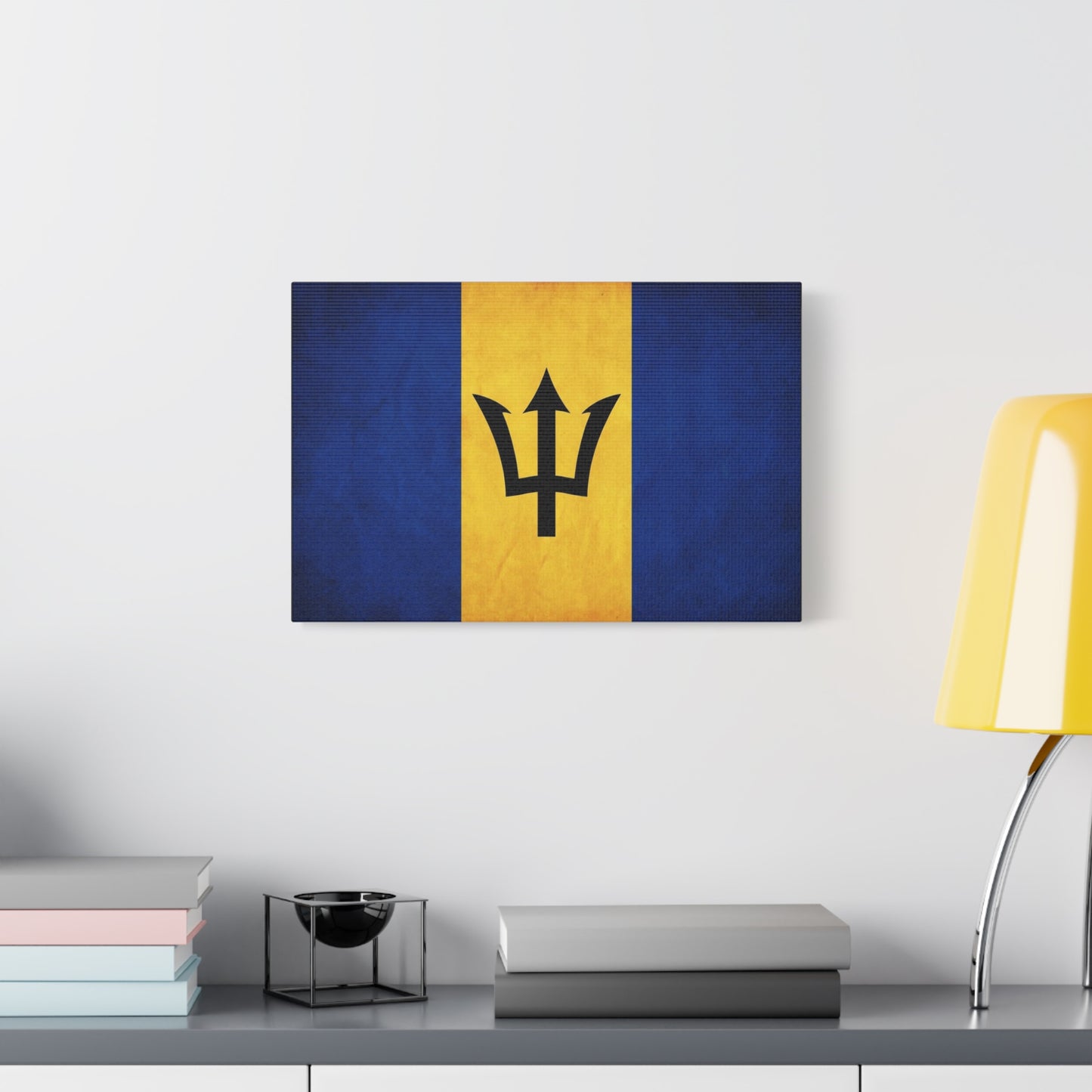 Barbados Flag Canvas Wall Art - Blue Gold Trident National Print, Caribbean Island Decor - Matte Cotton Artwork - Living Room Wall Decor, Office Accent - Bedroom Home Decoration - Ready to Hang