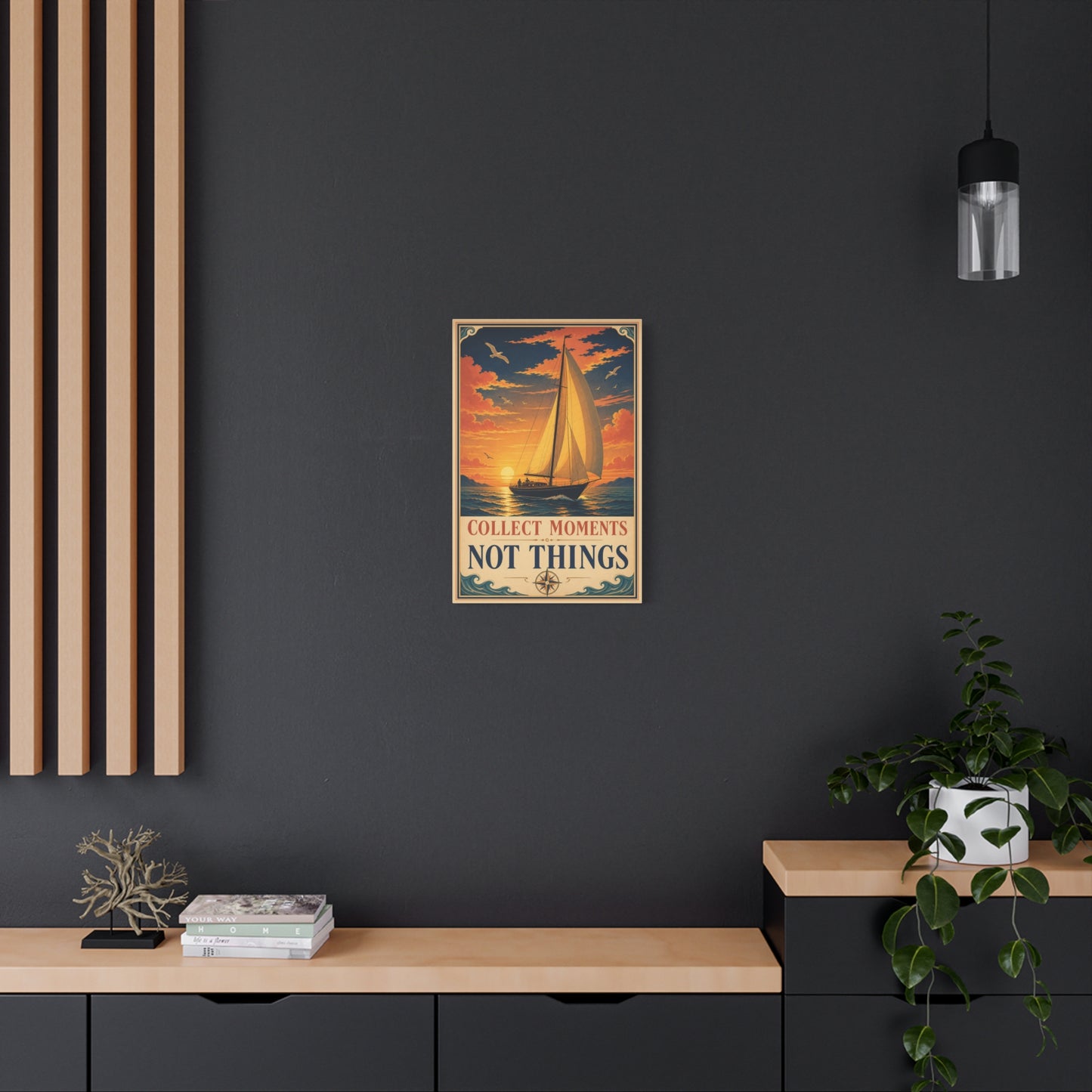 "Collect Moments Not Things" Sailboat Canvas Wall Art - Vintage Nautical Sunset Seascape, Inspirational Ocean Poster Style - Coastal Living Room Wall Decor, Bedroom Home Decoration - Ready to Hang