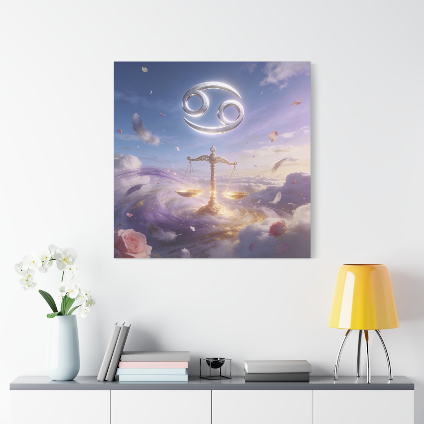 Cancer Zodiac Canvas Wall Art - Celestial Crab Symbol, Golden Libra Scales, Dreamy Sky - Matte Canvas Print, Contemporary Astrology Decor - Bedroom Wall Accent, Meditation Space - Ready to Hang