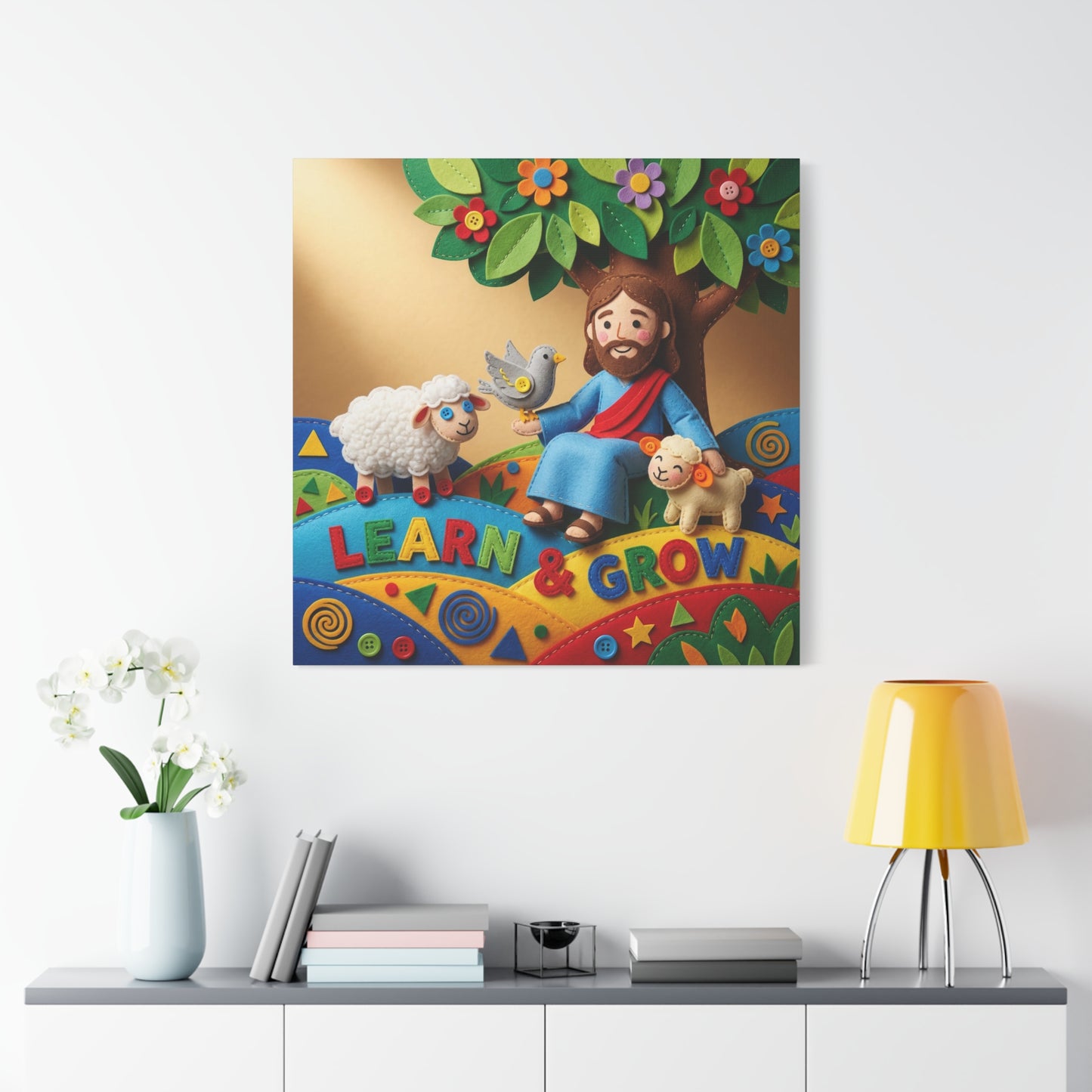 "Learn & Grow" Jesus Canvas Wall Art - Christian Nursery Decor, Lamb And Dove Under Tree - Colorful Felt Style Canvas Print - Kids Room Wall Hanging, Classroom Decoration - Ready to Hang