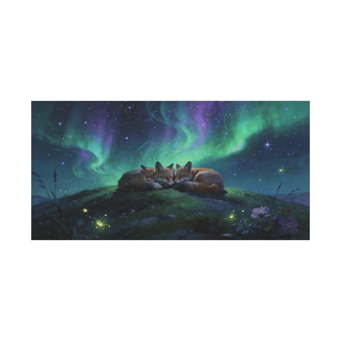 Sleeping Red Foxes Canvas Wall Art - Aurora Borealis Night Sky Animal Print - Dreamy Matte Canvas Print, Whimsical Wildlife Style - Bedroom Home Decoration, Nursery Wall Hanging - Ready to Hang