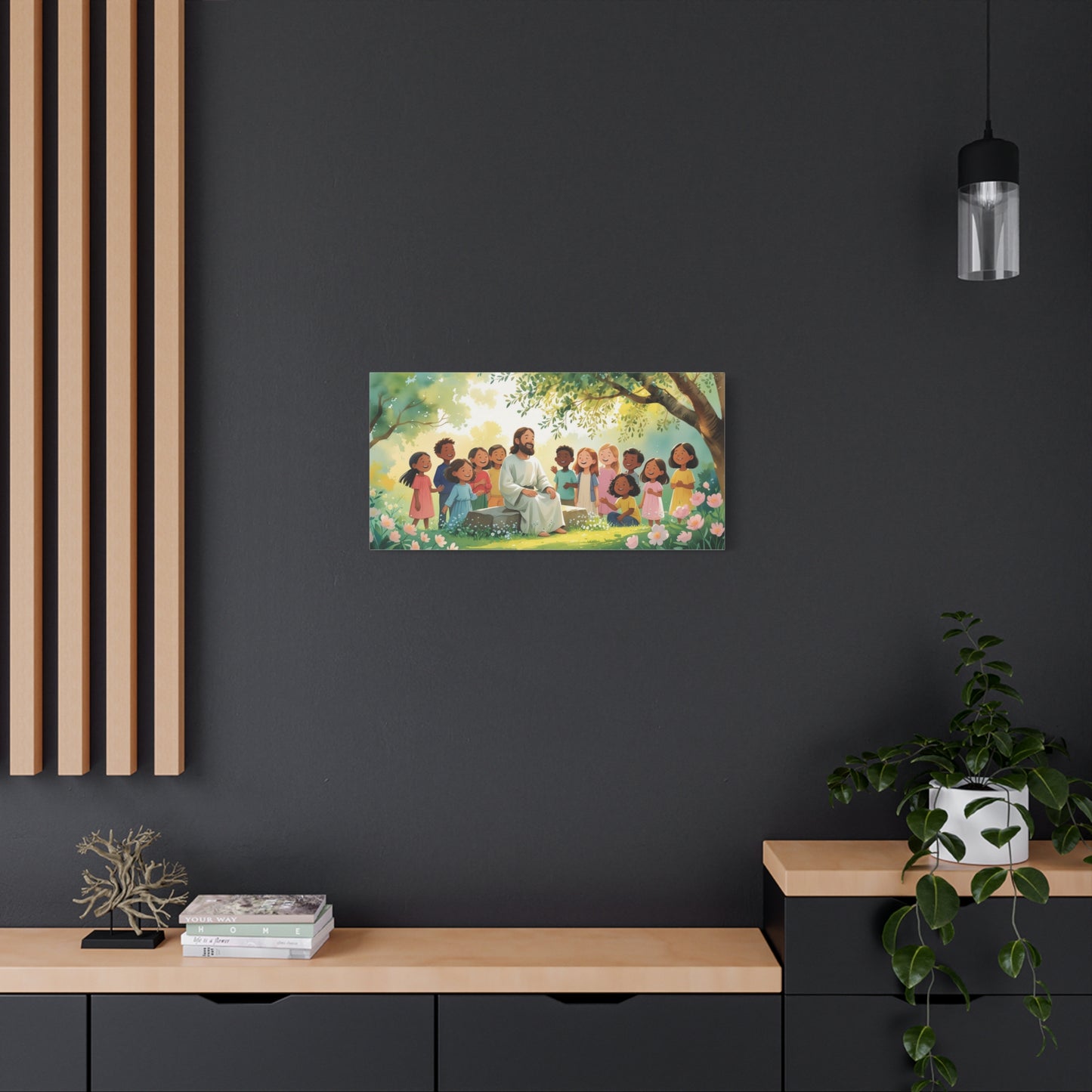 Jesus With Children Canvas Wall Art - Sunlit Garden Faith Illustration, Christian Nursery Decor, Matte Cotton Print, Traditional Style - Kids Room, Classroom, Living Room Wall Decor - Ready to Hang