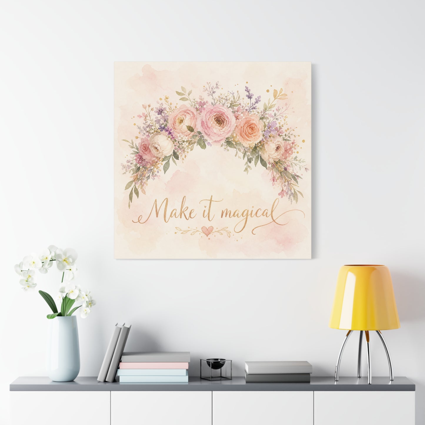 "Make It Magical" Floral Canvas Wall Art - Blush Rose Watercolor Quote Print, Pink Botanical Home Decor, Girls Bedroom Wall Decoration, Nursery Accent, Bohemian Living Room Style - Ready to Hang