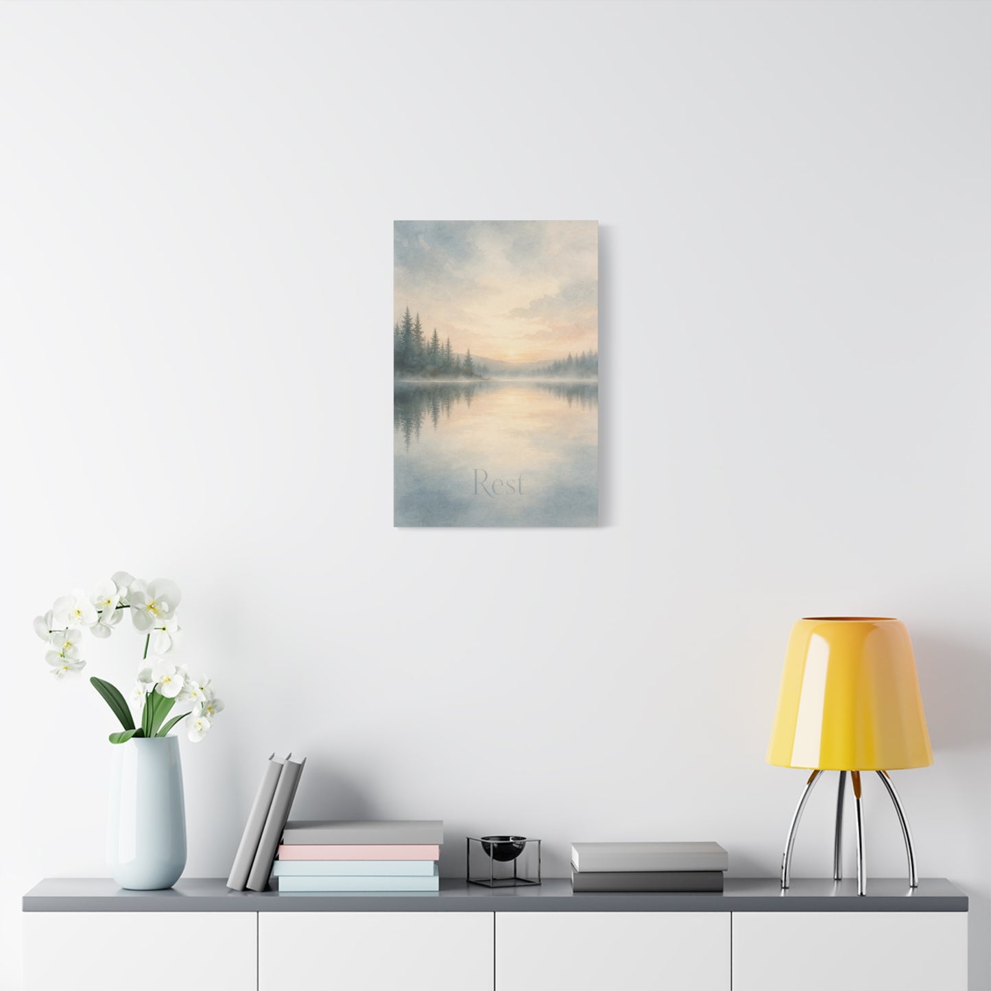 "Rest" Misty Lake Canvas Wall Art - Pine Forest Sunrise Reflection Print - Serene Landscape Home Decor, Bedroom Wall Hanging, Minimalist Nature Artwork, Meditation Space Accent - Ready to Hang