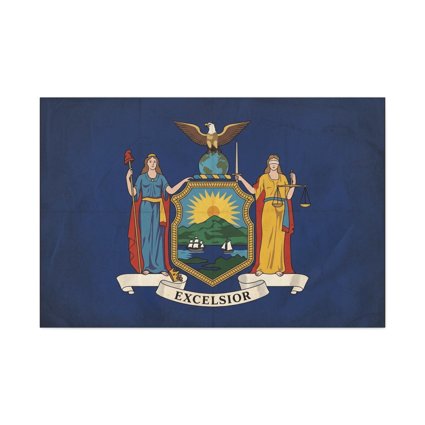 "Excelsior" New York State Flag Canvas Wall Art - Empire State Banner Print, Vintage Blue Heraldic Decor - Patriotic Illustration Style - Living Room Wall Decor, Office Art - Bedroom Home Decoration