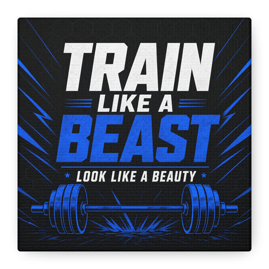 "Train Like A Beast Look Like A Beauty" Gym Canvas Wall Art - Blue Black Barbell Typography Motivational Fitness Decor - Modern Sports Quote Print - Ready to Hang - Living Room Wall Decor