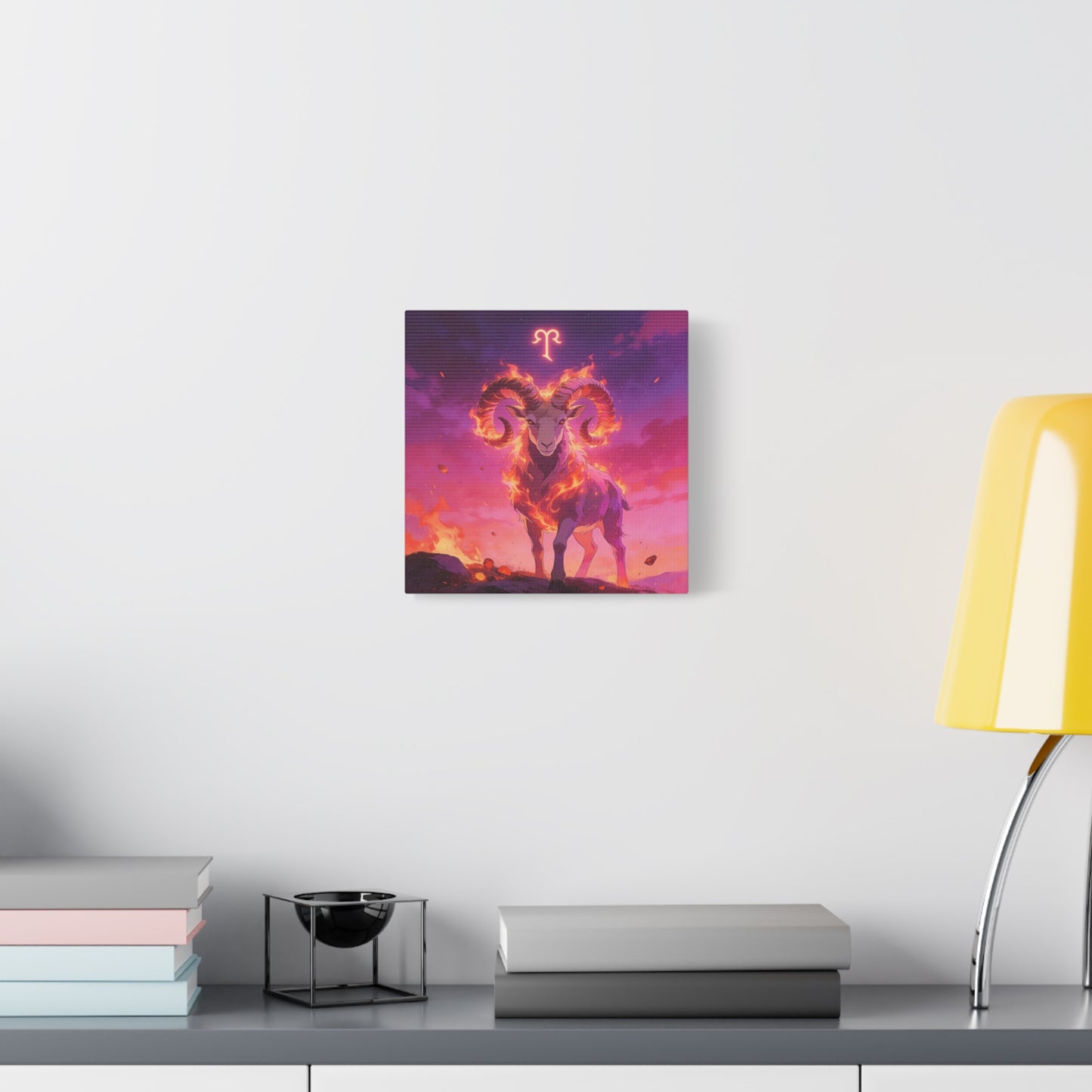 Aries Ram Canvas Wall Art - Fiery Zodiac Illustration, Purple Pink Flame Sky, Matte Canvas Print, Modern Fantasy Style, Bedroom Wall Decor, Home Office Accent, Statement Piece For Astrology Lovers
