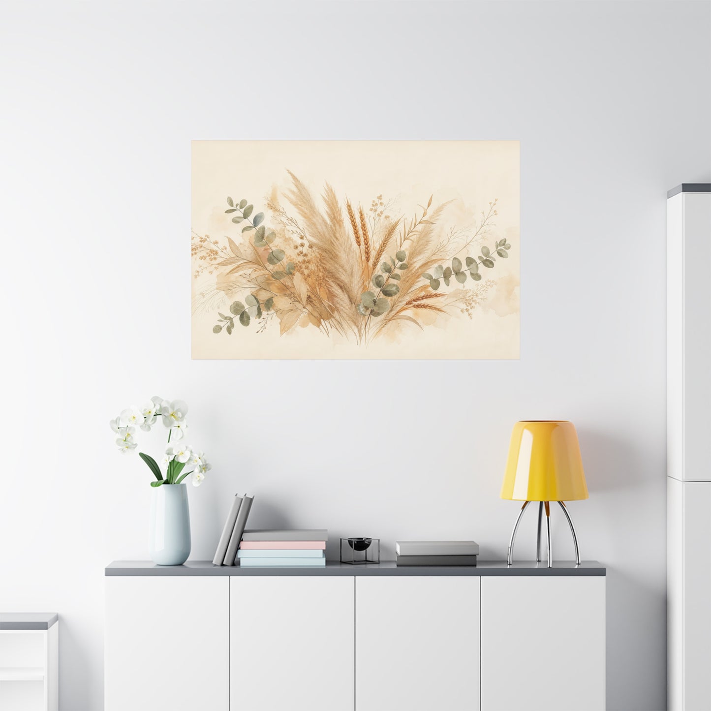 Neutral Botanical Canvas Wall Art - Pampas Grass, Wheat Stems, Eucalyptus Print - Soft Beige Sage Floral Composition - Modern Farmhouse Style - Living Room Wall Decor, Bedroom Home Decoration