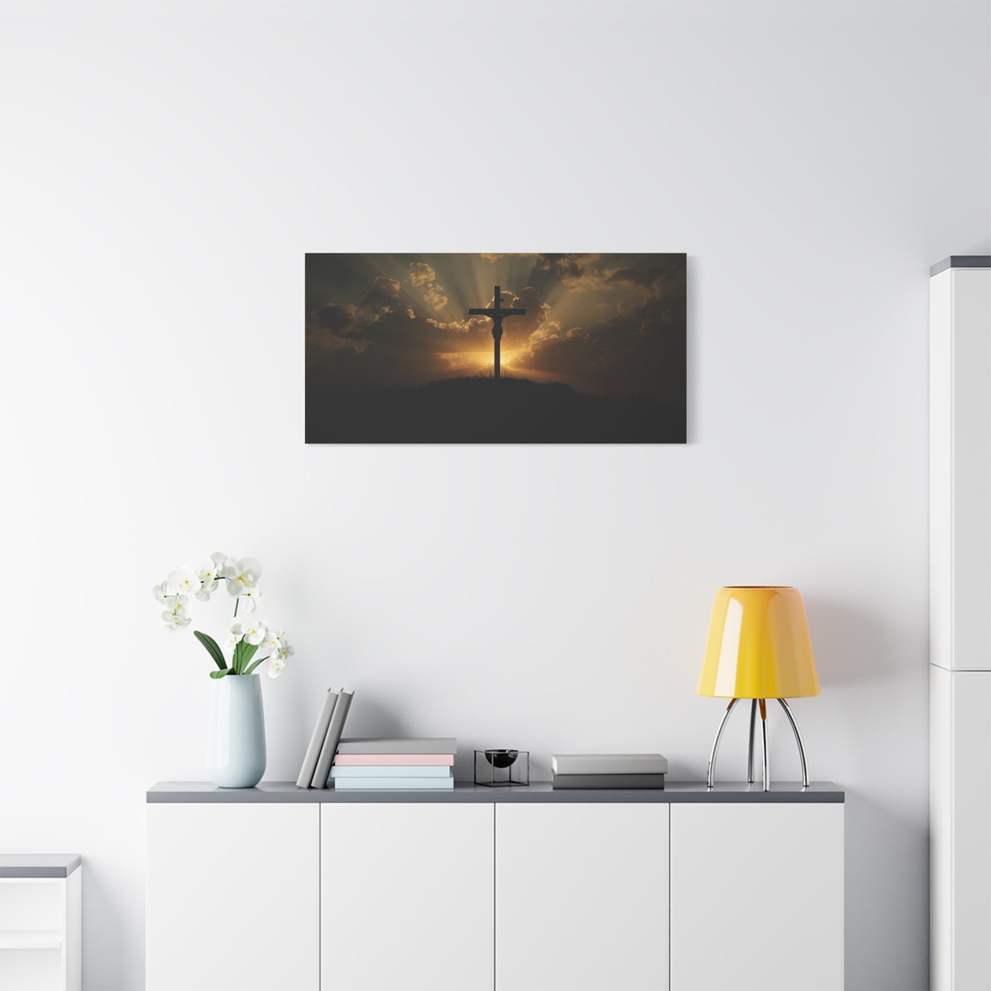 Jesus Christ Crucifix Canvas Wall Art - Sunset Cross Silhouette, Golden Sky Rays - Matte Cotton Print - Religious Christian Decor For Living Room, Bedroom, Office Wall Display - Modern Farmhouse Style
