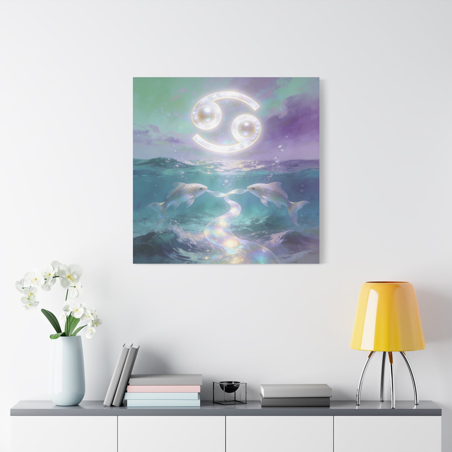 Cancer Zodiac Canvas Wall Art - Two Pearl Fish Ocean Illustration, Celestial Astrology Decor - Iridescent Matte Canvas Print - Mystical Coastal Style For Bedroom Living Room - Living Room Wall Decor