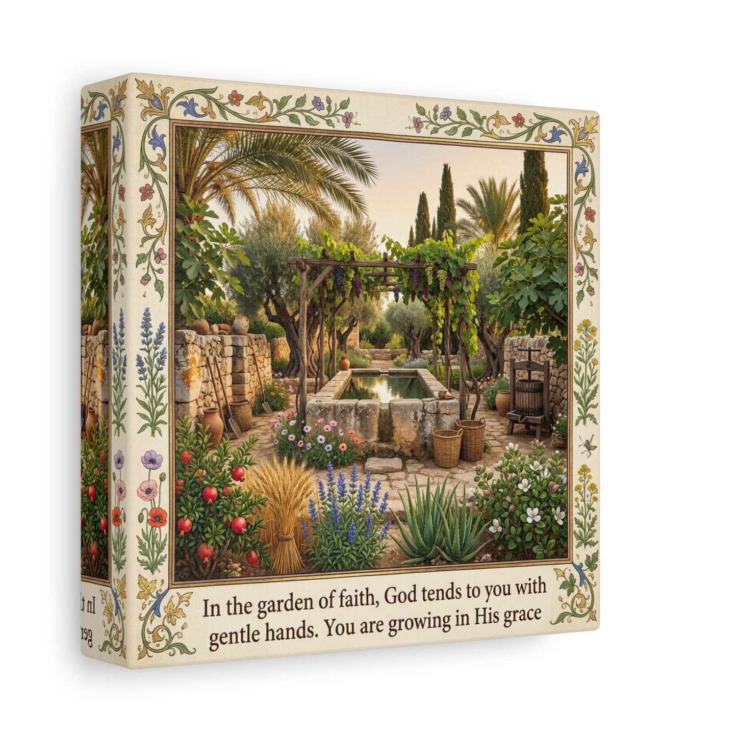 "In The Garden Of Faith, God Tends To You" Canvas Wall Art - Biblical Garden Scripture Print, Floral Border, Rustic Mediterranean Courtyard Scene - Christian Home Decor For Living Room - Ready to Hang