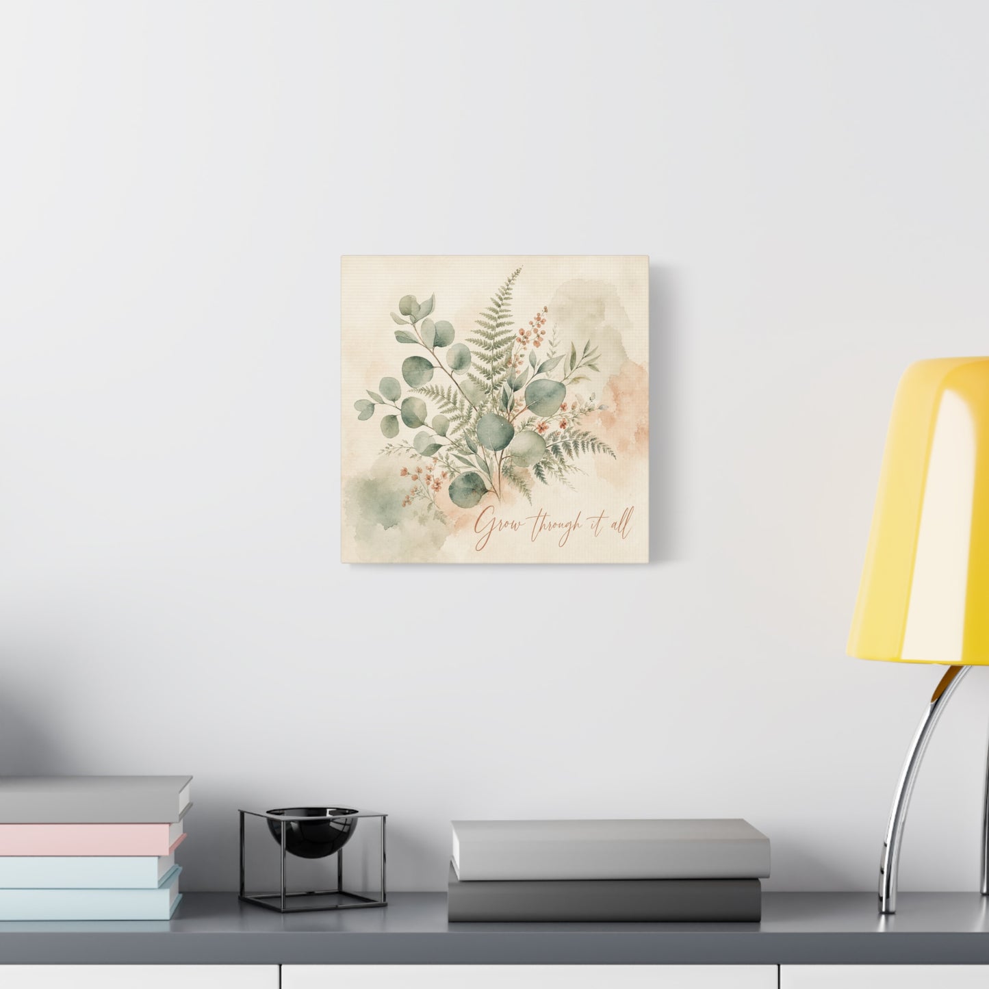 "Grow Through It All" Botanical Canvas Wall Art - Eucalyptus Fern Watercolor Quote Print, Sage Green Floral Home Decor - Modern Farmhouse Style, Bedroom Wall Hanging - Ready to Hang - Ready to Hang
