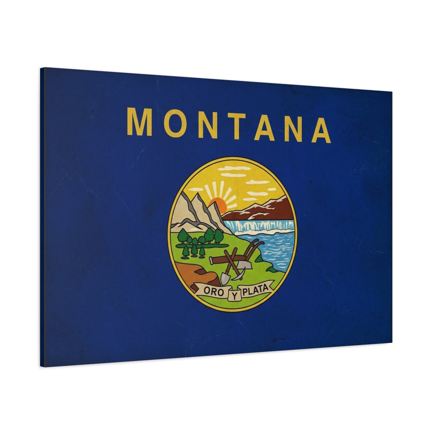 "Montana" State Flag Canvas Wall Art - Oro Y Plata Vintage Flag Print, Blue Western Decor - Rustic Americana Style - Living Room Wall Decor, Office Art - Bedroom Home Decoration - Ready to Hang