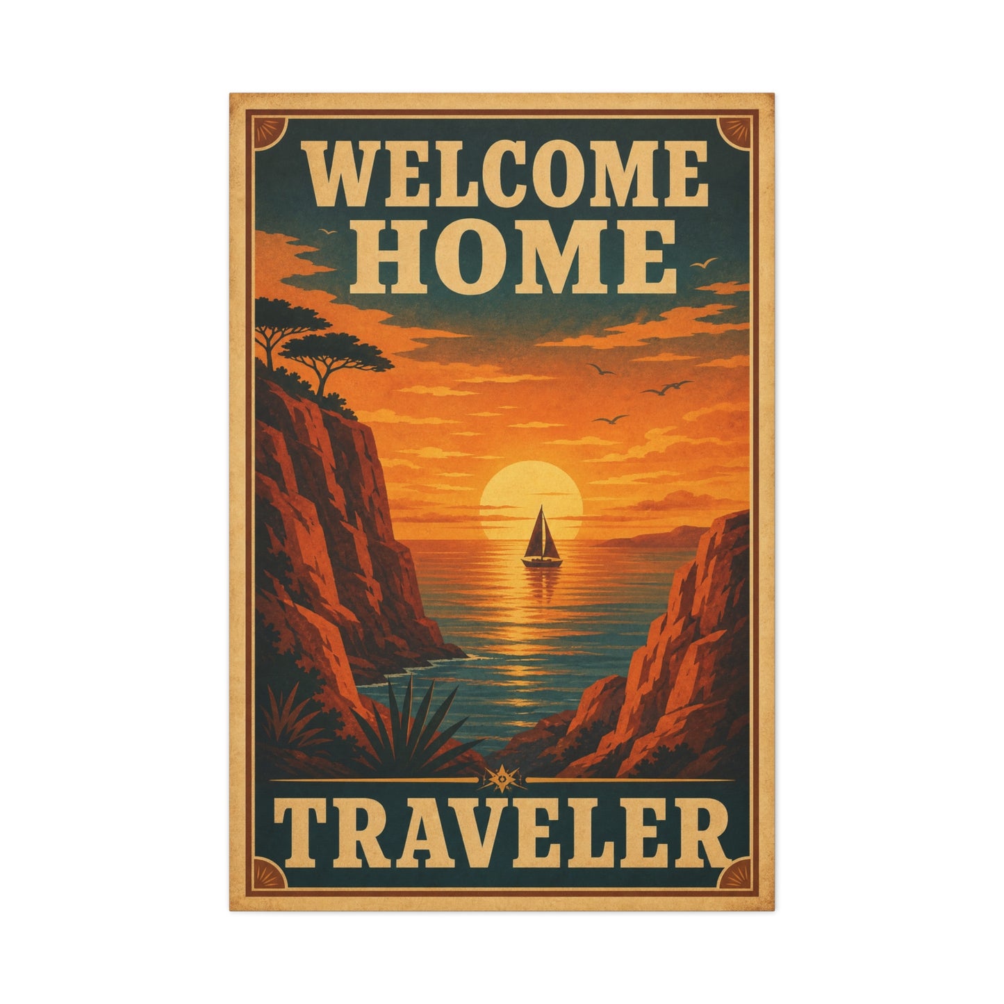 "Welcome Home Traveler" Vintage Coastal Canvas Wall Art - Sunset Sailboat Seascape Print - Retro Travel Poster Style - Living Room Wall Decor, Hallway Home Decoration - Modern Farmhouse Style