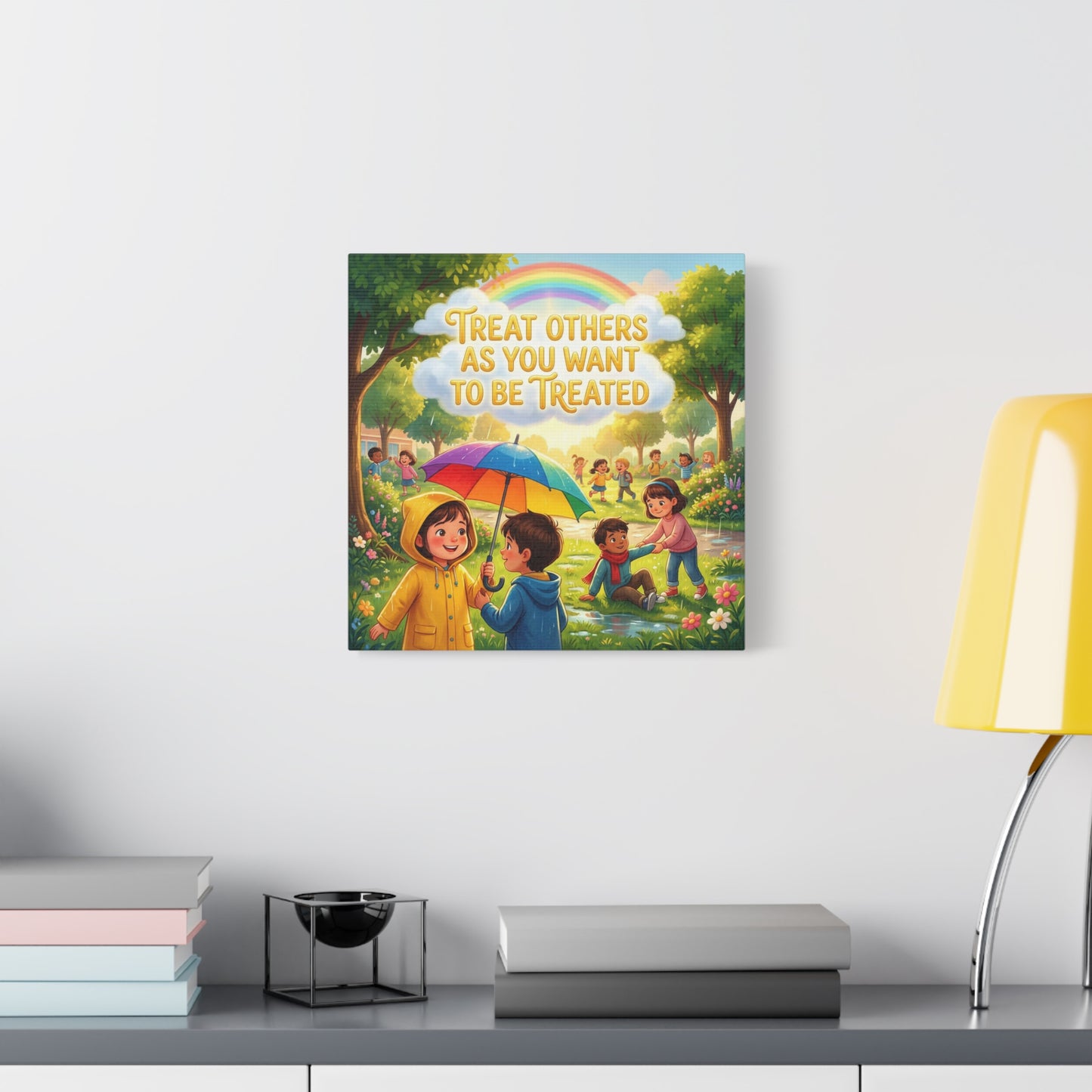 "Treat Others As You Want To Be Treated" Kids Canvas Wall Art - Rainbow Umbrella Kindness Quote Print - Colorful Classroom Decor - Nursery Playroom Bedroom Home Decoration - Bohemian Wall Hanging