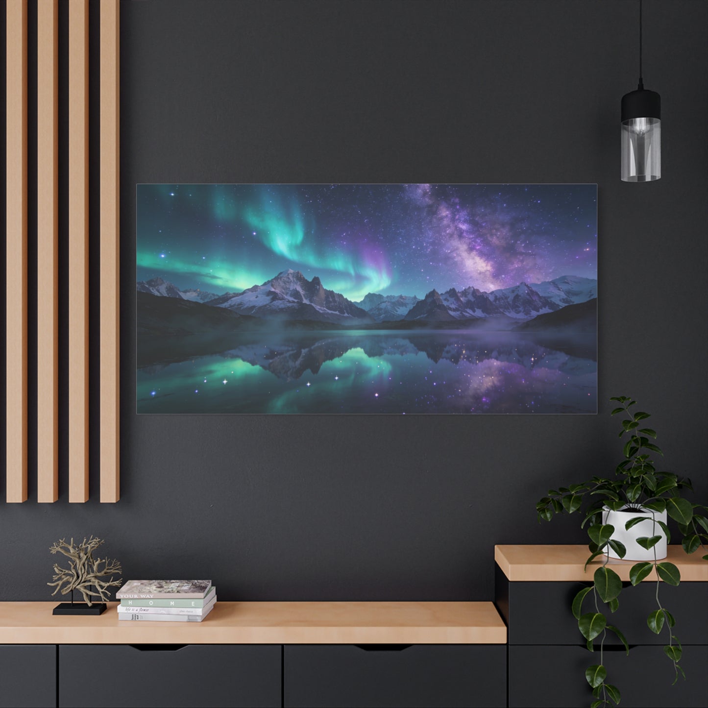 Aurora Borealis Mountain Lake Canvas Wall Art - Starry Night Sky Landscape Print, Milky Way Reflection, Contemporary Nature Decor - Living Room Wall Decor, Bedroom Home Decoration - Ready to Hang