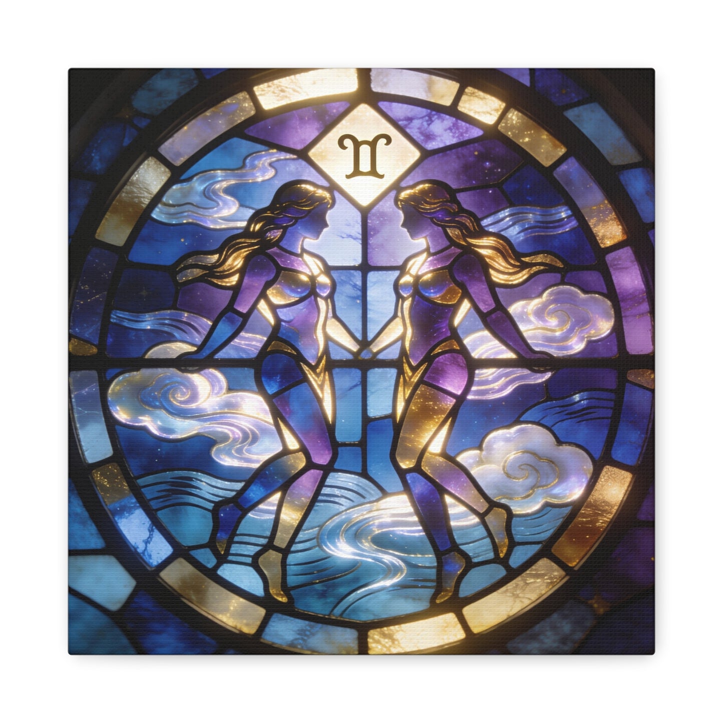 Gemini Zodiac Canvas Wall Art - Stained Glass Twin Women Celestial Print, Blue Purple Gold Astrology Decor - Modern Mystical Artwork - Bedroom Home Decoration Office Wall Art - Bedroom Home Decoration