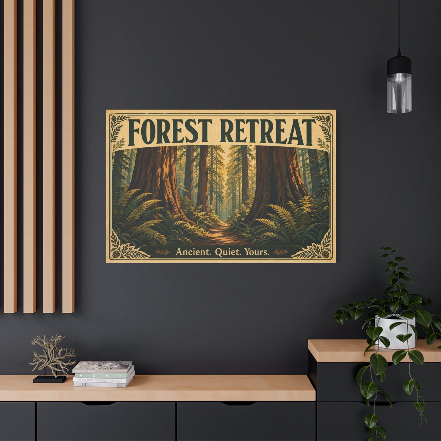 "Forest Retreat" Canvas Wall Art - Vintage Redwood Forest Path Print, Rustic Woodland Home Decor - Ancient. Quiet. Yours. - Cabin Style Living Room Decoration, Bedroom Wall Hanging - Ready to Hang