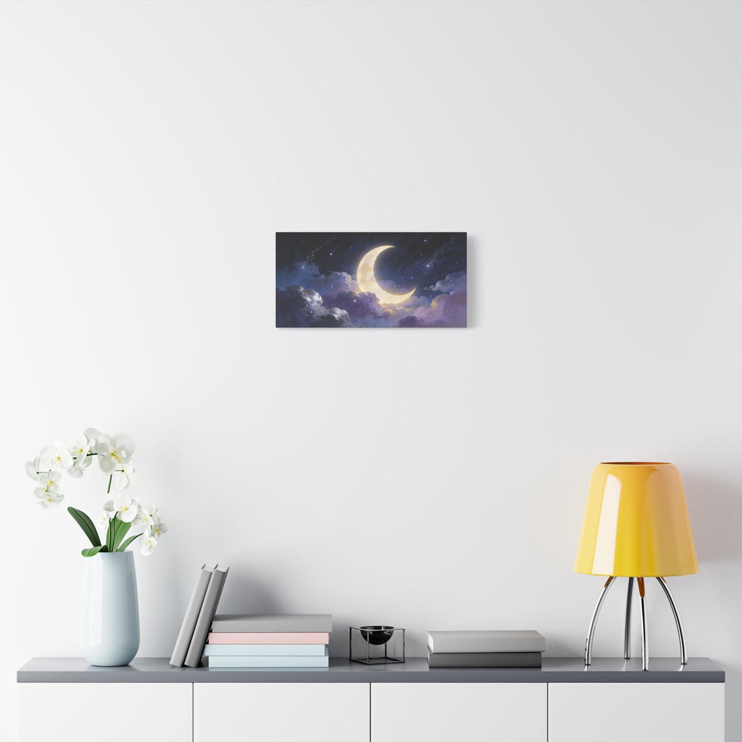 Crescent Moon Canvas Wall Art - Dreamy Night Sky Clouds, Celestial Starry Canvas Print - Contemporary Blue Gold Fantasy Decor - Bedroom Wall Decor, Living Room Home Accent - Bedroom Home Decoration