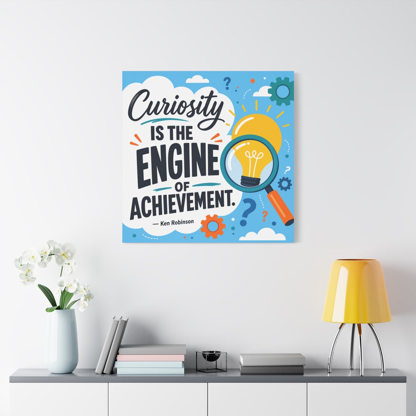 "Curiosity Is The Engine Of Achievement." Quote Canvas Wall Art - Classroom Inspirational Decor, Light Bulb Learning Poster, Teacher Office Wall Hanging, Kids Study Room Decoration - Ready to Hang