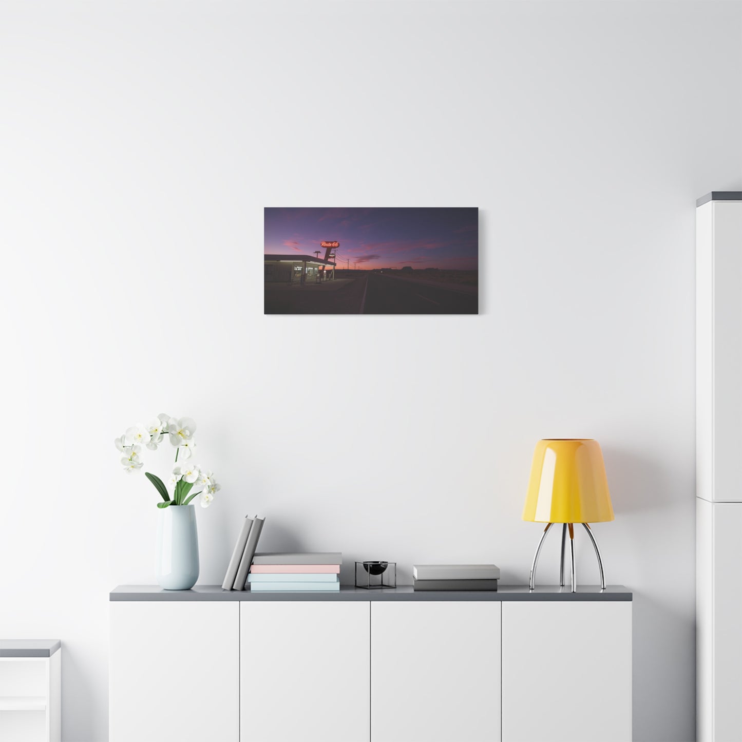 "Route 66" Desert Gas Station Canvas Wall Art - Twilight Roadside Art Print - Purple Pink Sunset Sky, Retro Americana Style - Living Room Wall Decor, Office Art - Bedroom Home Decoration
