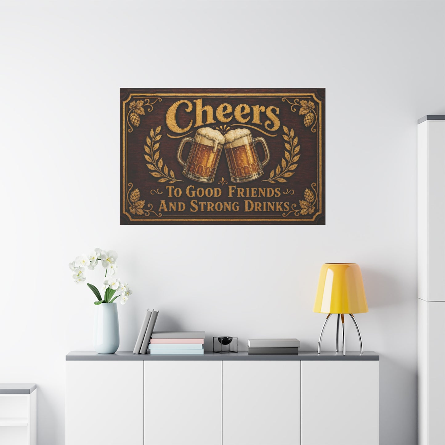 "Cheers To Good Friends And Strong Drinks" Canvas Wall Art - Vintage Beer Mug Pub Sign, Rustic Bar Decor, Brown Gold Typography Print, Man Cave Wall Hanging, Kitchen Dining Room Accent - Ready to Hang