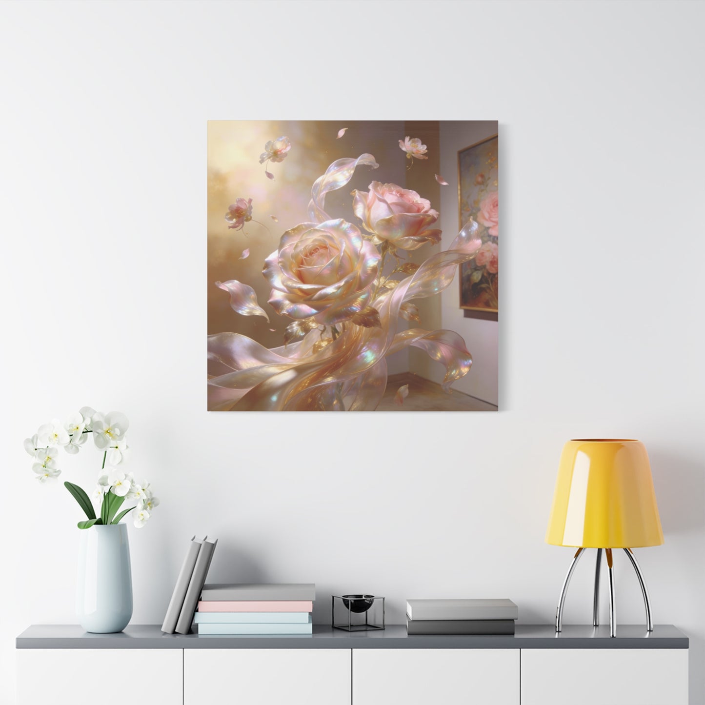 Iridescent Pink Rose Canvas Wall Art - Pearlescent Floral Wall Decor, Dreamy Botanical Home Decoration - Luminous Matte Canvas Print - Romantic Contemporary Style, Bedroom Accent - Ready to Hang