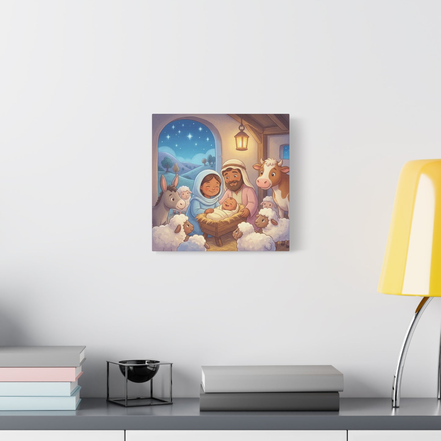 Holy Family Nativity Canvas Wall Art - Baby Jesus, Mary And Joseph Nursery Decor - Starry Stable Christian Home Decoration - Matte Canvas Print For Bedroom, Living Room - Ready to Hang - Ready to Hang