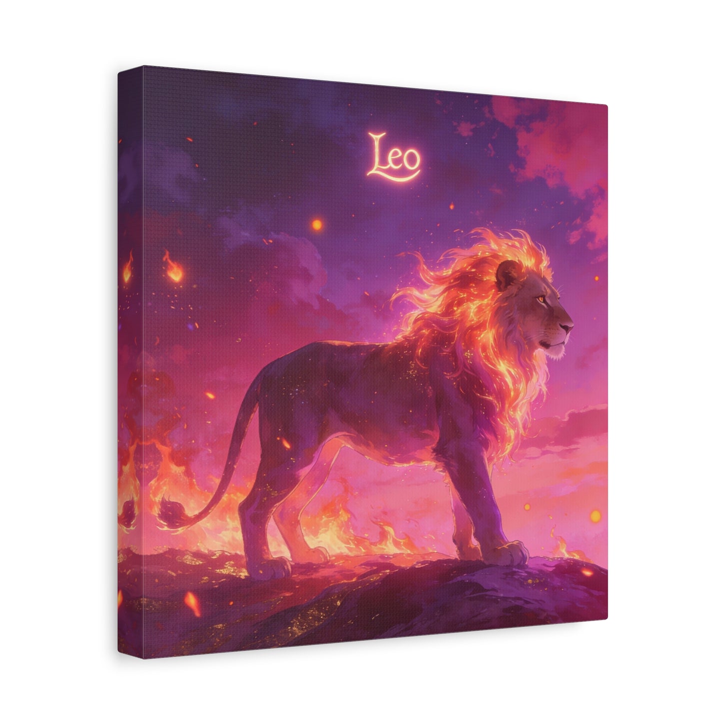 "Leo" Lion Canvas Wall Art - Fiery Zodiac Illustration, Purple Pink Sky, Matte Finish Canvas Print - Modern Astrology Decor, Bedroom Home Decoration, Office Wall Art Accent - Bedroom Home Decoration