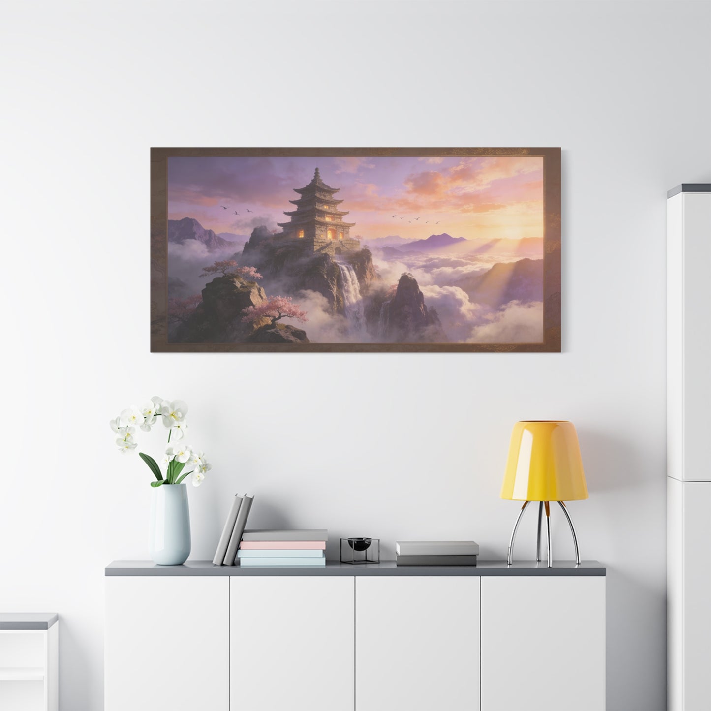 Mountain Pagoda Canvas Wall Art - Misty Sunrise Temple, Waterfall And Cherry Blossoms - Framed Landscape Print, Serene Traditional Style - Living Room Wall Decor, Bedroom Decoration - Ready to Hang