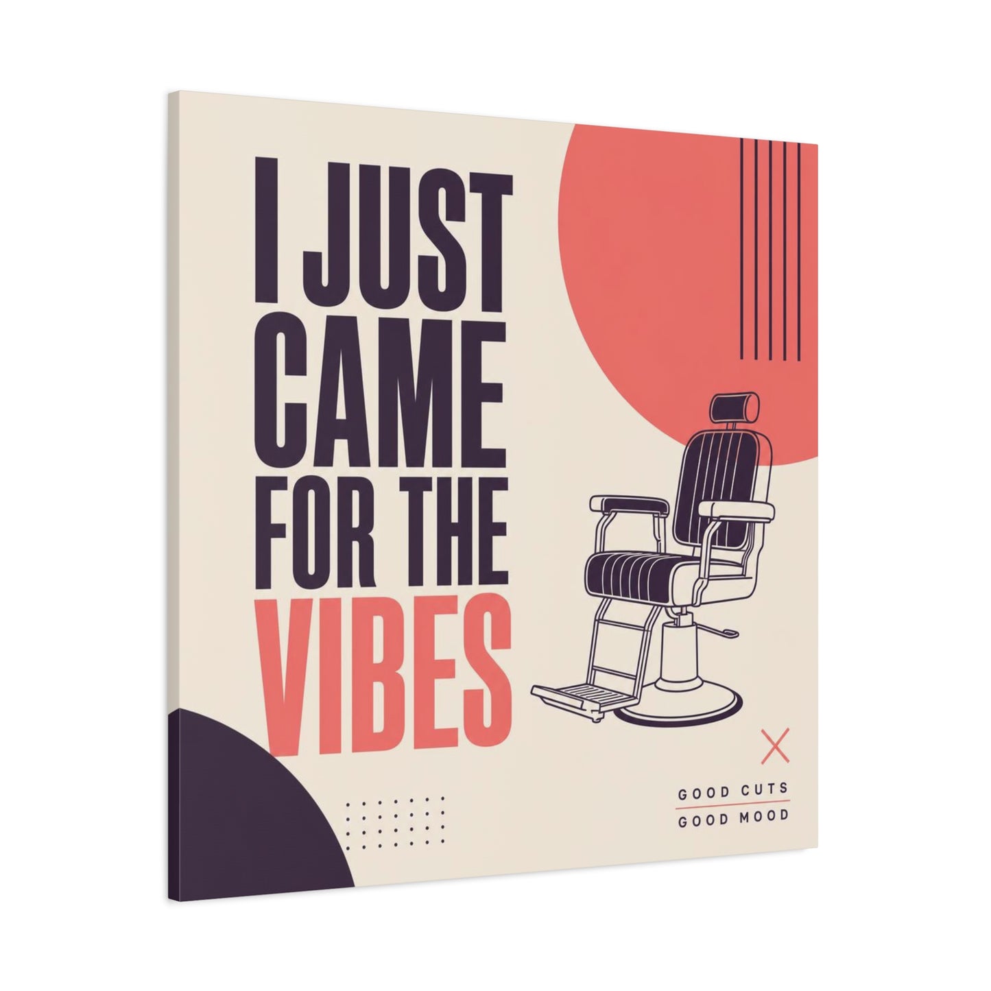 "I Just Came For The Vibes" Typography Canvas Wall Art - Barber Chair Line Illustration, Coral And Black Modern Salon Wall Decor - Minimalist Quote Print For Barbershop Lobby Workspace - Ready to Hang
