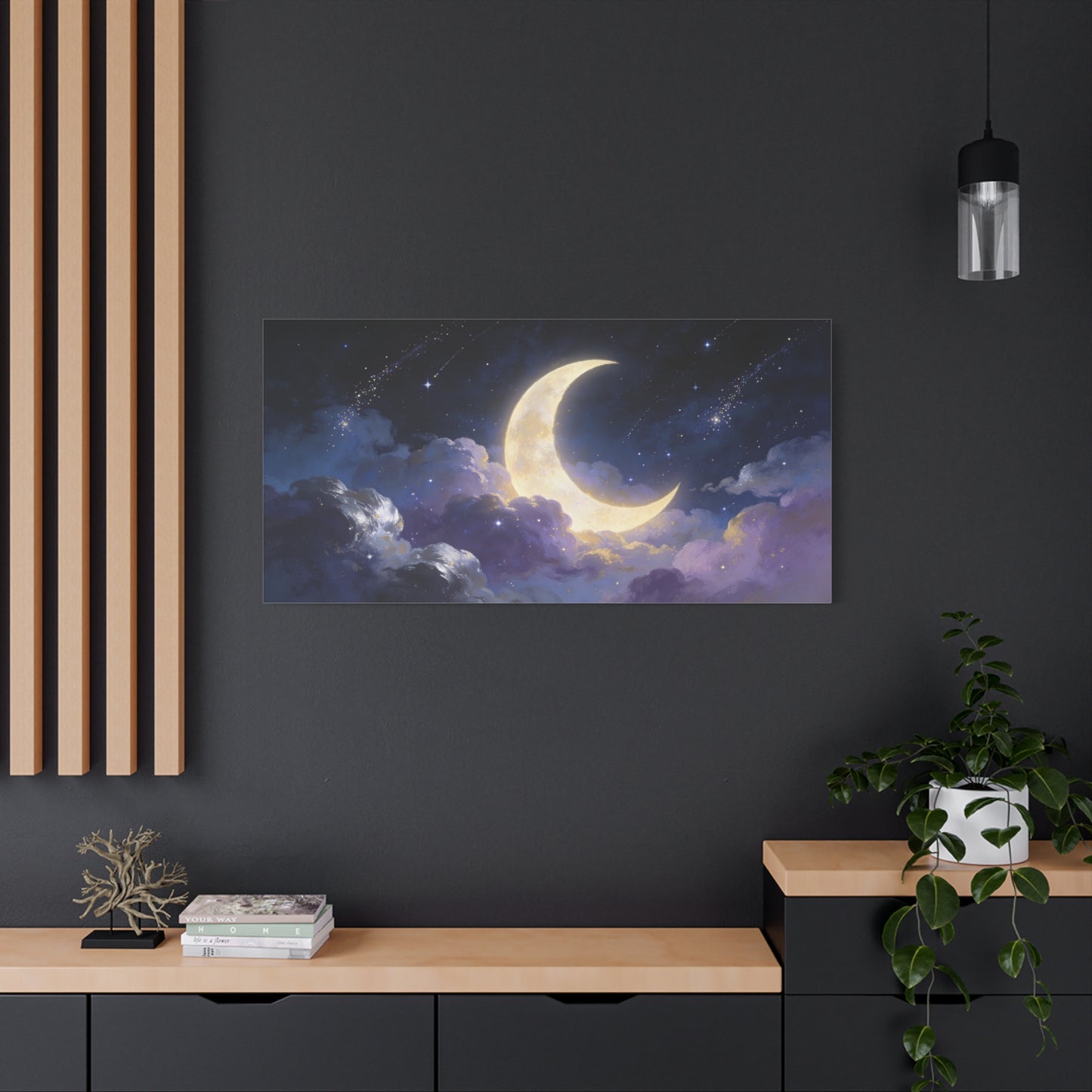 Crescent Moon Canvas Wall Art - Dreamy Night Sky Clouds, Celestial Starry Canvas Print - Contemporary Blue Gold Fantasy Decor - Bedroom Wall Decor, Living Room Home Accent - Bedroom Home Decoration