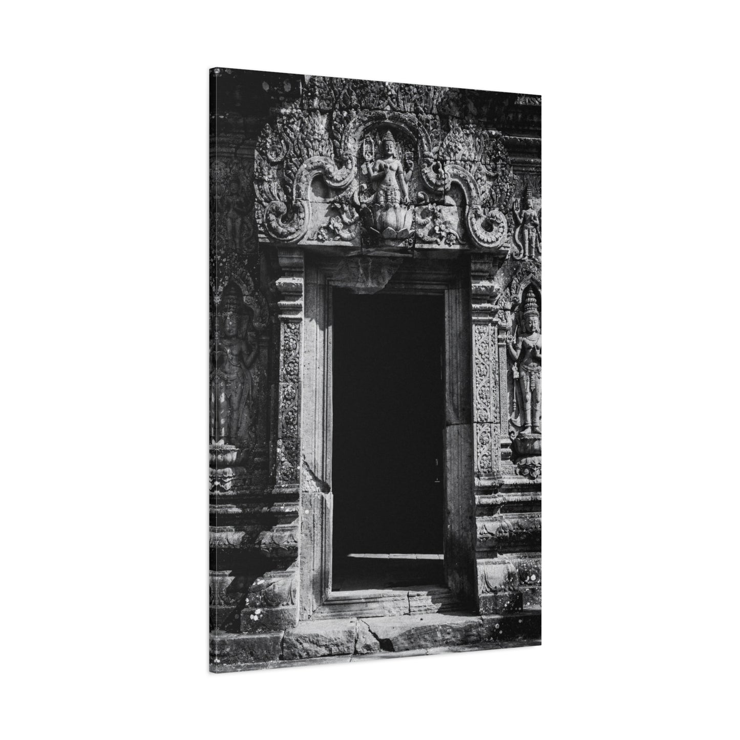 Buddhist Temple Doorway Canvas Wall Art - Black And White Stone Carving, Religious Architecture Print, Traditional Monochrome Decor - Living Room Wall Decor, Office Art - Bedroom Home Decoration