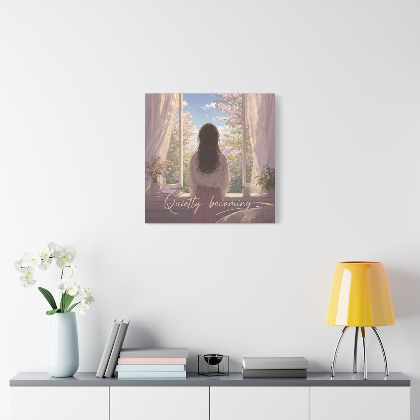 "Quietly Becoming" Girl At Window Canvas Wall Art - Cherry Blossom Bedroom Decor, Soft Pastel Inspirational Print, Dreamy Feminine Room Decoration - Bedroom Home Decoration - Living Room Wall Decor