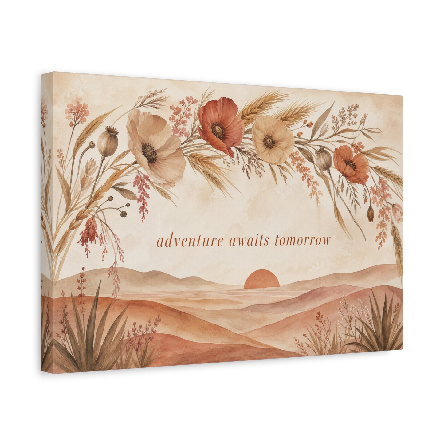 "Adventure Awaits Tomorrow" Poppy Flower Canvas Wall Art - Boho Botanical Desert Sunset Quote Print - Warm Neutral Watercolor Landscape - Bedroom Wall Decor, Living Room Home Accent - Ready to Hang