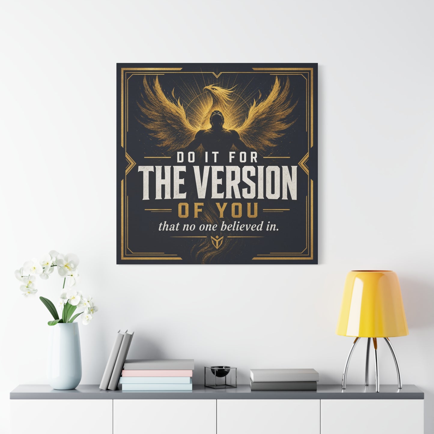 "Do It For The Version Of You That No One Believed In" Inspirational Canvas Wall Art - Phoenix Wings Motivational Quote Print - Black Gold Typography Decor For Office Bedroom - Living Room Wall Decor
