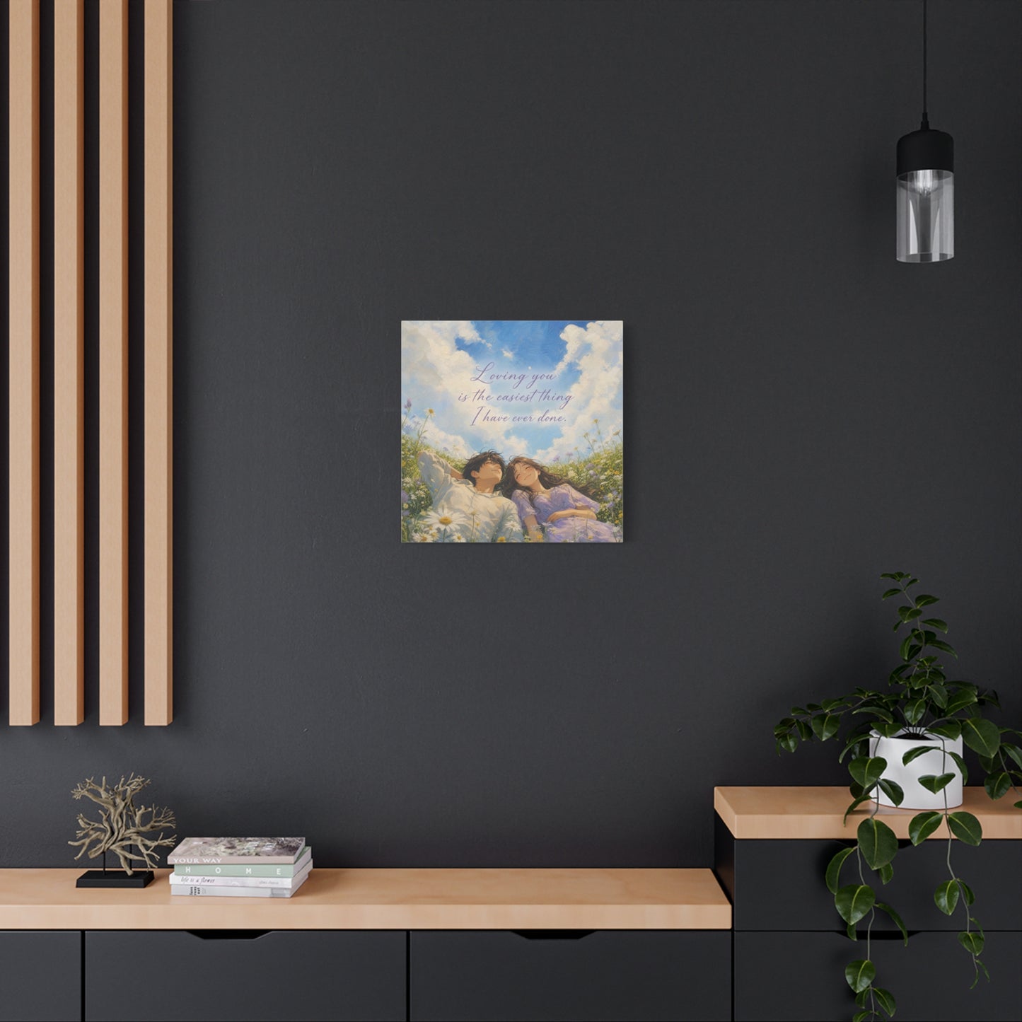 "Loving You Is The Easiest Thing I Have Ever Done." Canvas Wall Art - Romantic Couple In Wildflower Meadow Sky Quote Print - Dreamy Pastel Illustration - Ready to Hang - Living Room Wall Decor