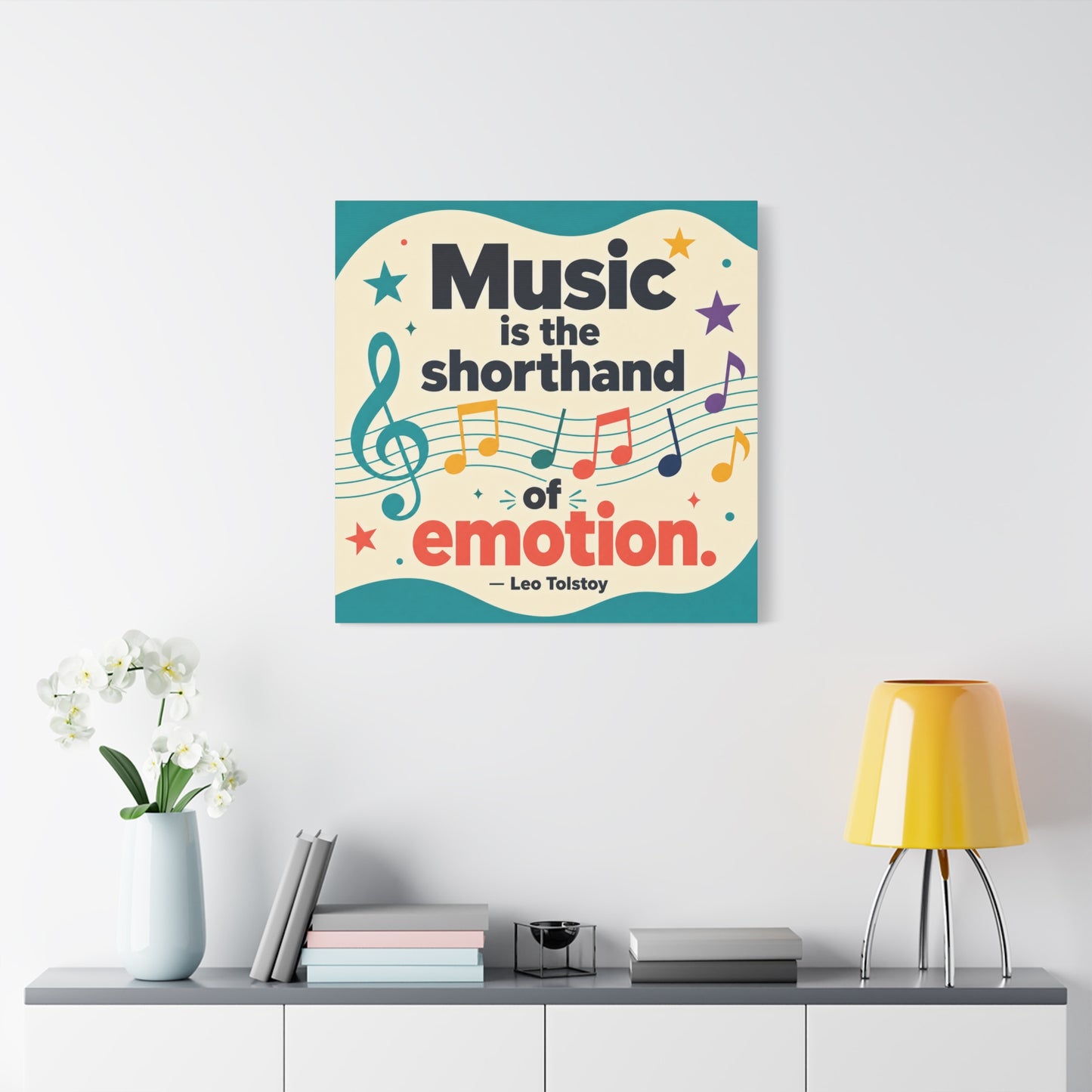 "Music Is The Shorthand Of Emotion." Leo Tolstoy Canvas Wall Art - Colorful Typography Quote Print, Music Teacher Classroom Decor, Kids Room Home Decoration, Modern Wall Hanging - Ready to Hang