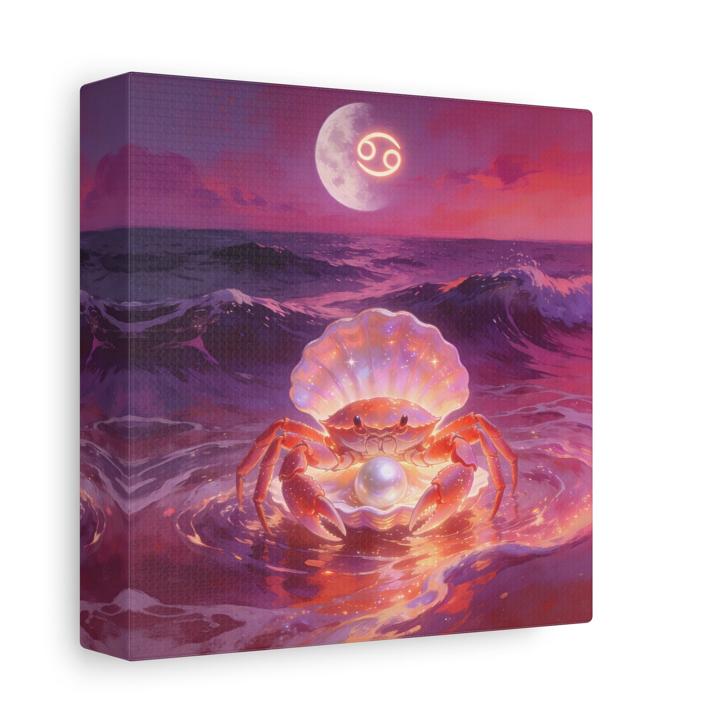 Cancer Zodiac Crab Canvas Wall Art - Moonlit Ocean Pearl Illustration, Pink Purple Seascape - Surreal Coastal Style - Living Room Wall Decor, Bedroom Home Decoration - Bedroom Home Decoration