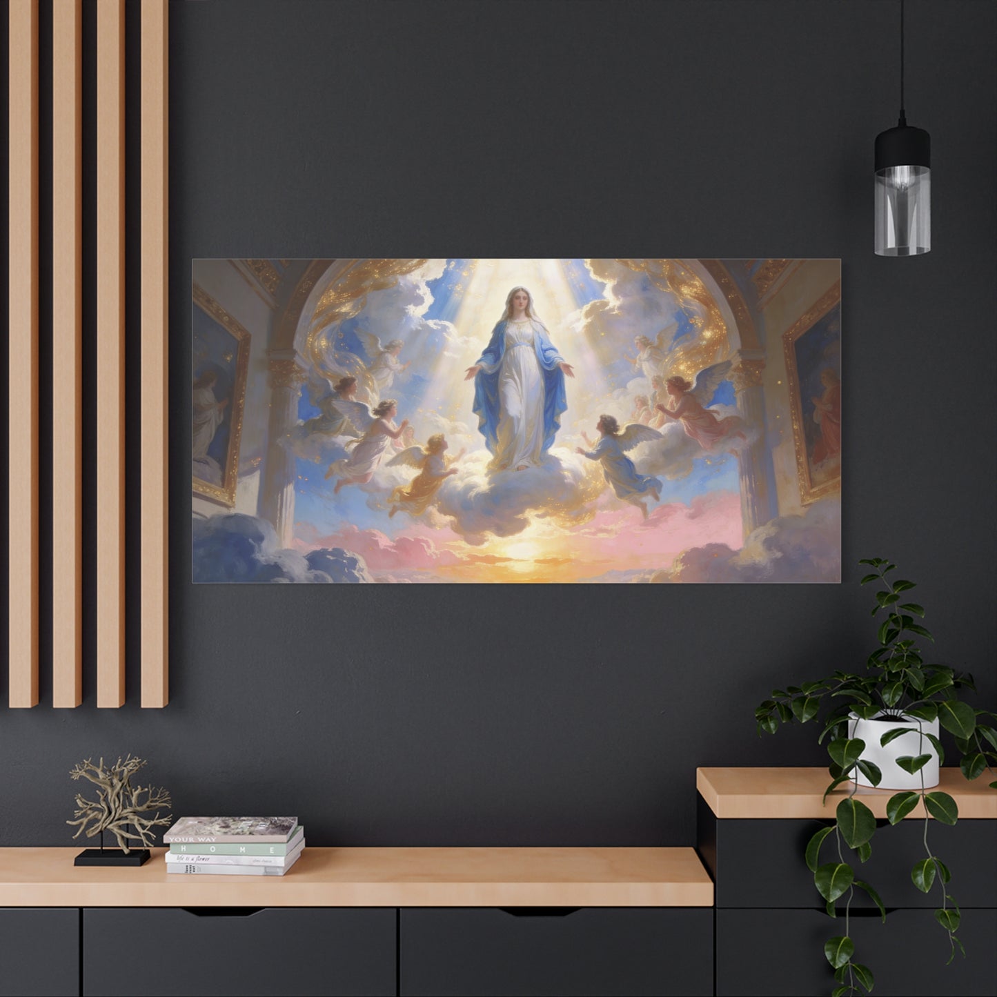 Virgin Mary Canvas Wall Art - Heavenly Religious Painting With Angels, Blue And Gold Clouds - Matte Cotton Canvas Print - Traditional Sacred Style For Bedroom Living Room Decor - Office Wall Art