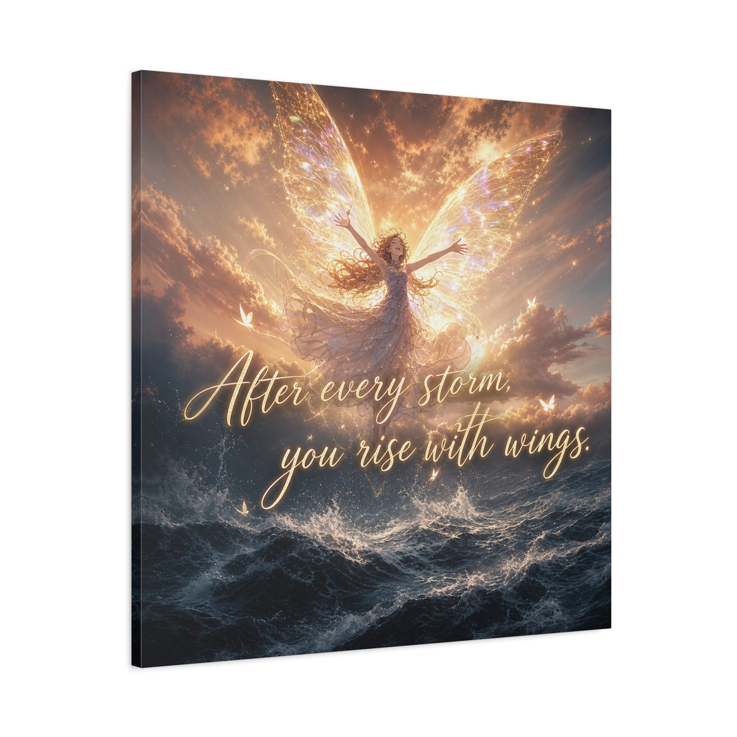 "After Every Storm, You Rise With Wings." Fairy Canvas Wall Art - Inspirational Ocean Sky Quote Print - Golden Ethereal Fantasy Decor - Bedroom Wall Hanging, Living Room Accent - Ready to Hang
