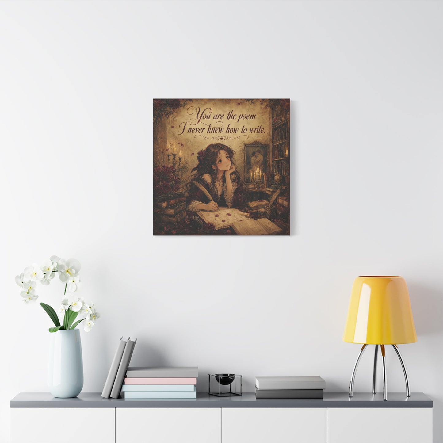"You Are The Poem I Never Knew How To Write" Quote Canvas Wall Art - Romantic Gothic Library Girl Illustration - Vintage Brown Decor - Bedroom Wall Hanging, Teenager Room Decor - Ready to Hang
