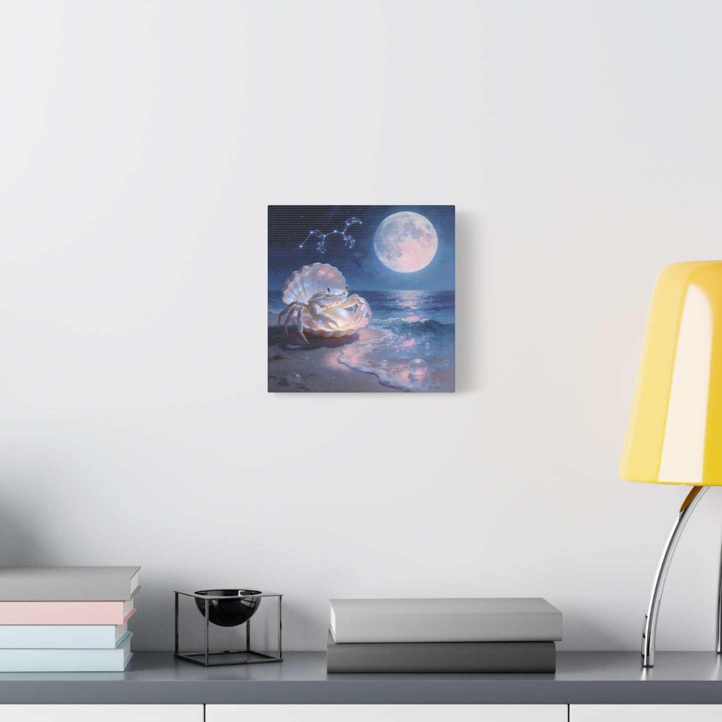 Moonlit Crab Canvas Wall Art - Zodiac Cancer Seascape, Pearl Shell Ocean Night Decor - Dreamy Coastal Illustration, capiz shells wall decor, Bedroom Home Decoration - Bedroom Home Decoration