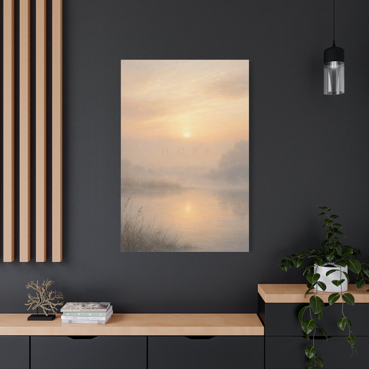 "Hope" Misty Sunrise Lake Canvas Wall Art - Serene Landscape Print, Inspirational Bedroom Wall Decor, Soft Neutral Home Decoration, Contemporary Meditation Space Accent - Bedroom Home Decoration