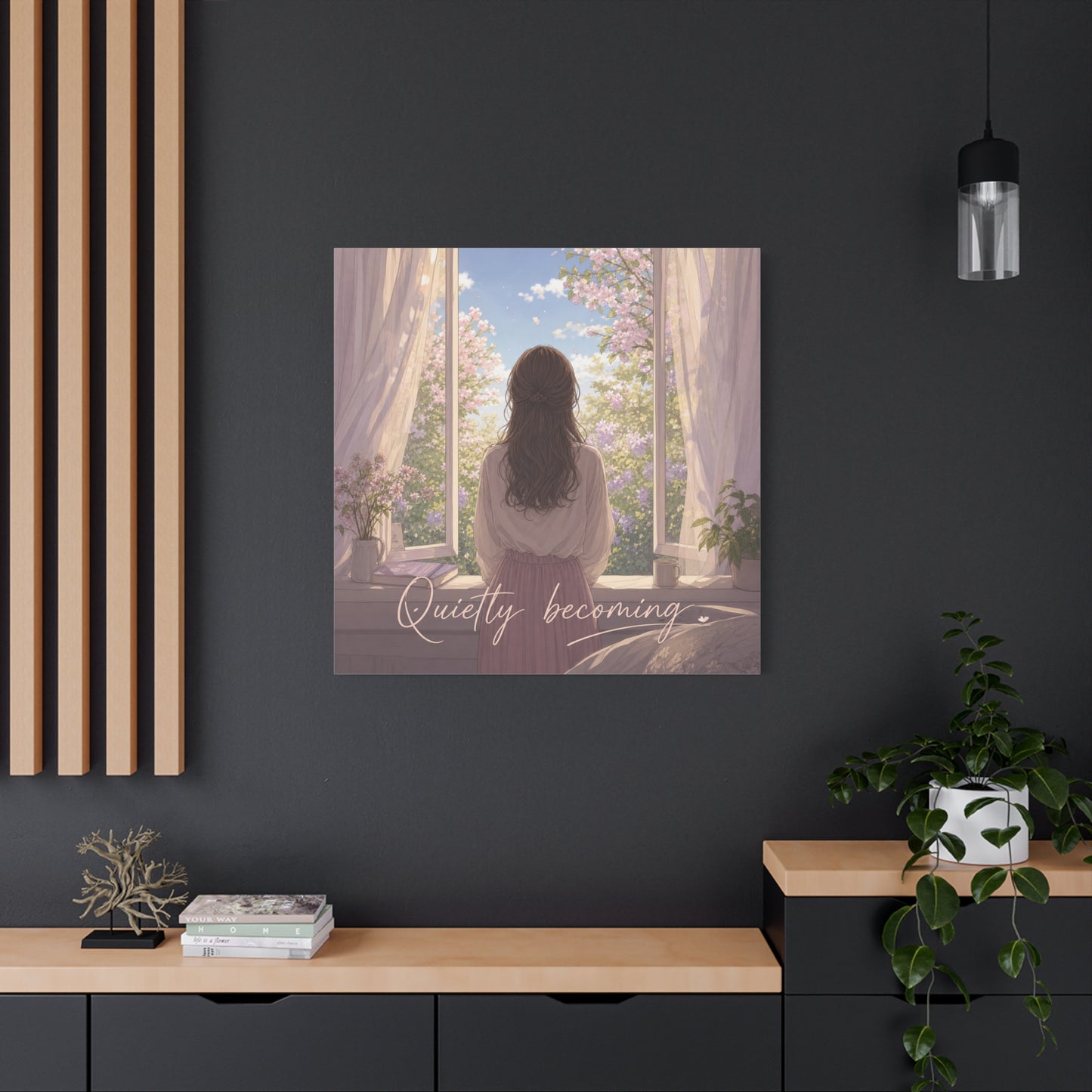 "Quietly Becoming" Girl At Window Canvas Wall Art - Cherry Blossom Bedroom Decor, Soft Pastel Inspirational Print, Dreamy Feminine Room Decoration - Bedroom Home Decoration - Living Room Wall Decor
