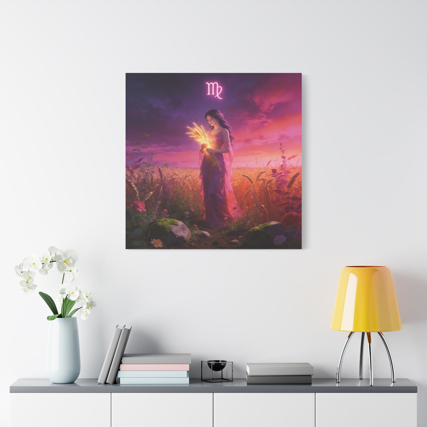 Virgo Zodiac Canvas Wall Art - Maiden Holding Glowing Wheat, Purple Twilight Field - Fantasy Illustration, Matte Canvas Print - Bedroom Wall Decor, Meditation Space Accent - Bedroom Home Decoration