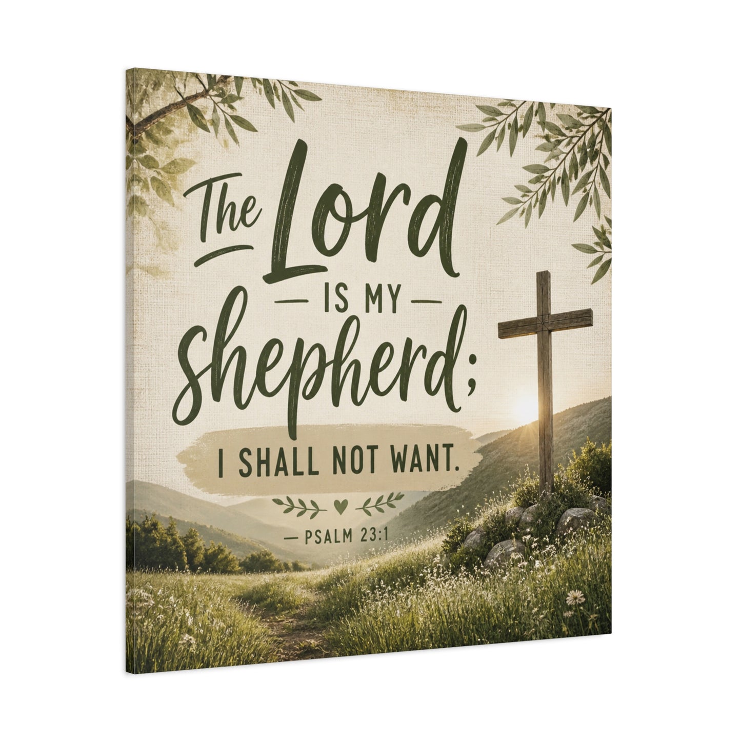 "The Lord Is My Shepherd, I Shall Not Want. - Psalm 23:1" Christian Canvas Wall Art - Rustic Cross Meadow Landscape, Farmhouse Scripture Decor, Bedroom Living Room Wall Hanging - Ready to Hang