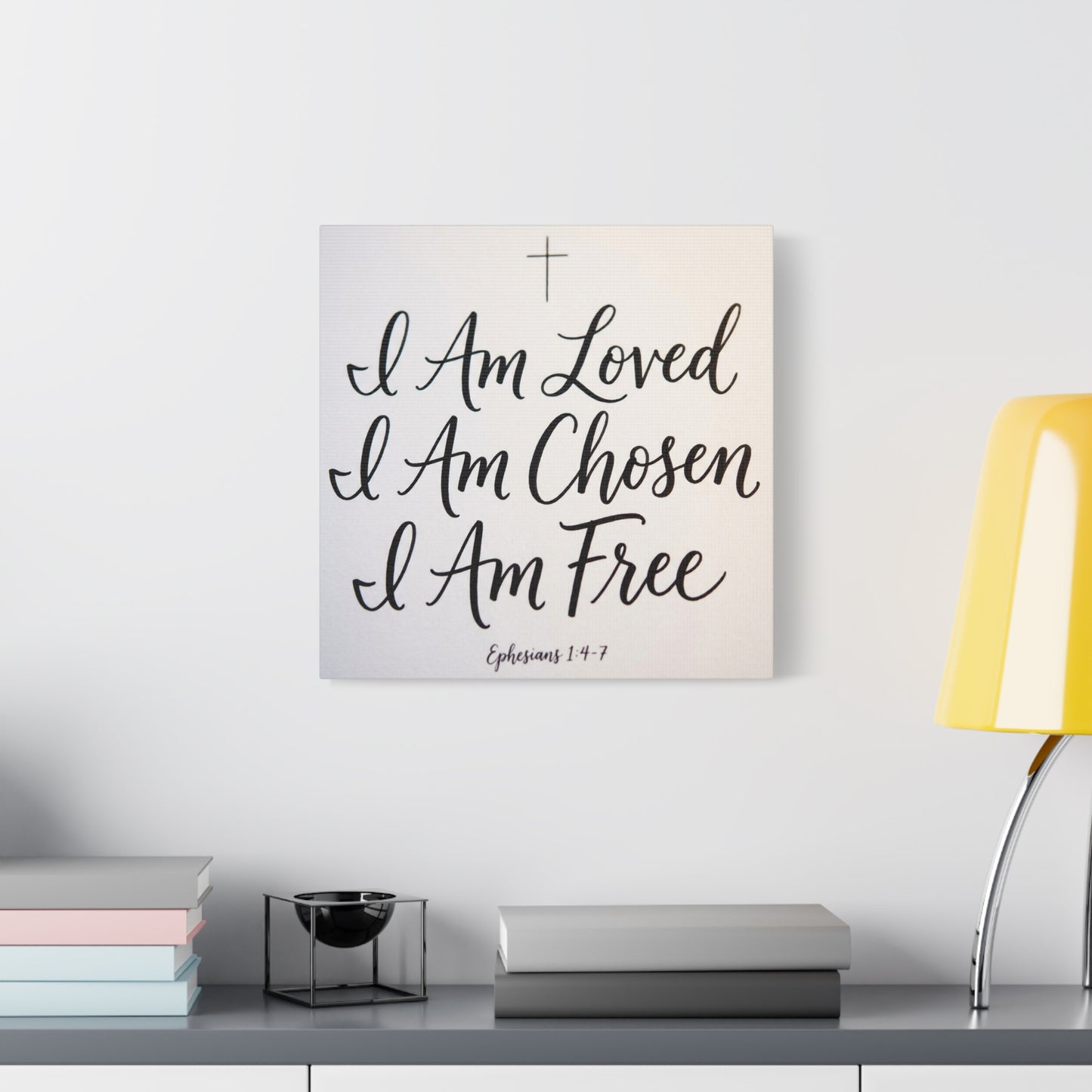 "I Am Loved, Chosen, Free" Christian Canvas Wall Art - Ephesians 1:4-7 Scripture Cross Print - Neutral Typography Decor - Bedroom Home Decoration, Living Room Wall Decor - Ready to Hang
