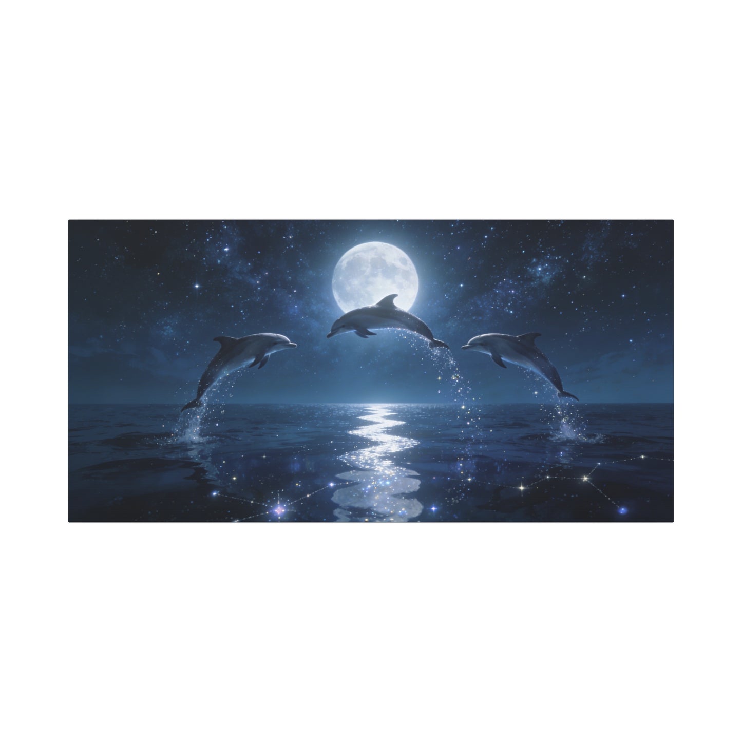 Moonlit Dolphin Canvas Wall Art - Starry Ocean Night Seascape Print - Celestial Blue Marine Decor, Matte Cotton Artwork - Bedroom Wall Decor, Living Room Home Decoration - Bedroom Home Decoration